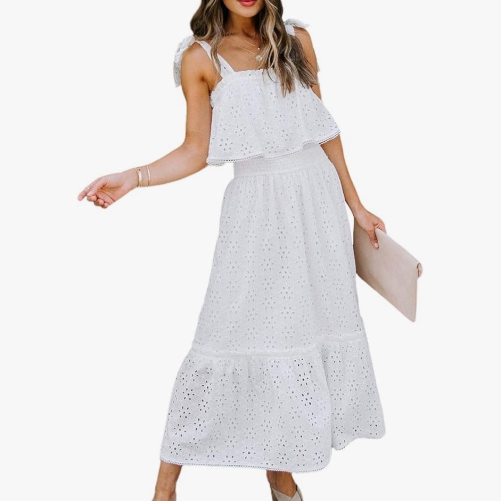 BerryGo Women's Striped Linen Square Neck Long Dress  Eyelet Ruffle Sleeves Midi